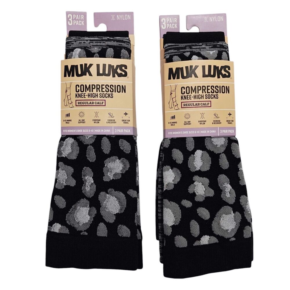 NEW Muk Luks Compression Socks 6 Pairs Knee-High Women 6-10 Black Leopard Nylon
